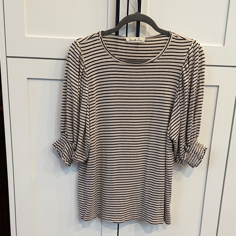 Vine & Love Black and White Striped Short Sleeve Top